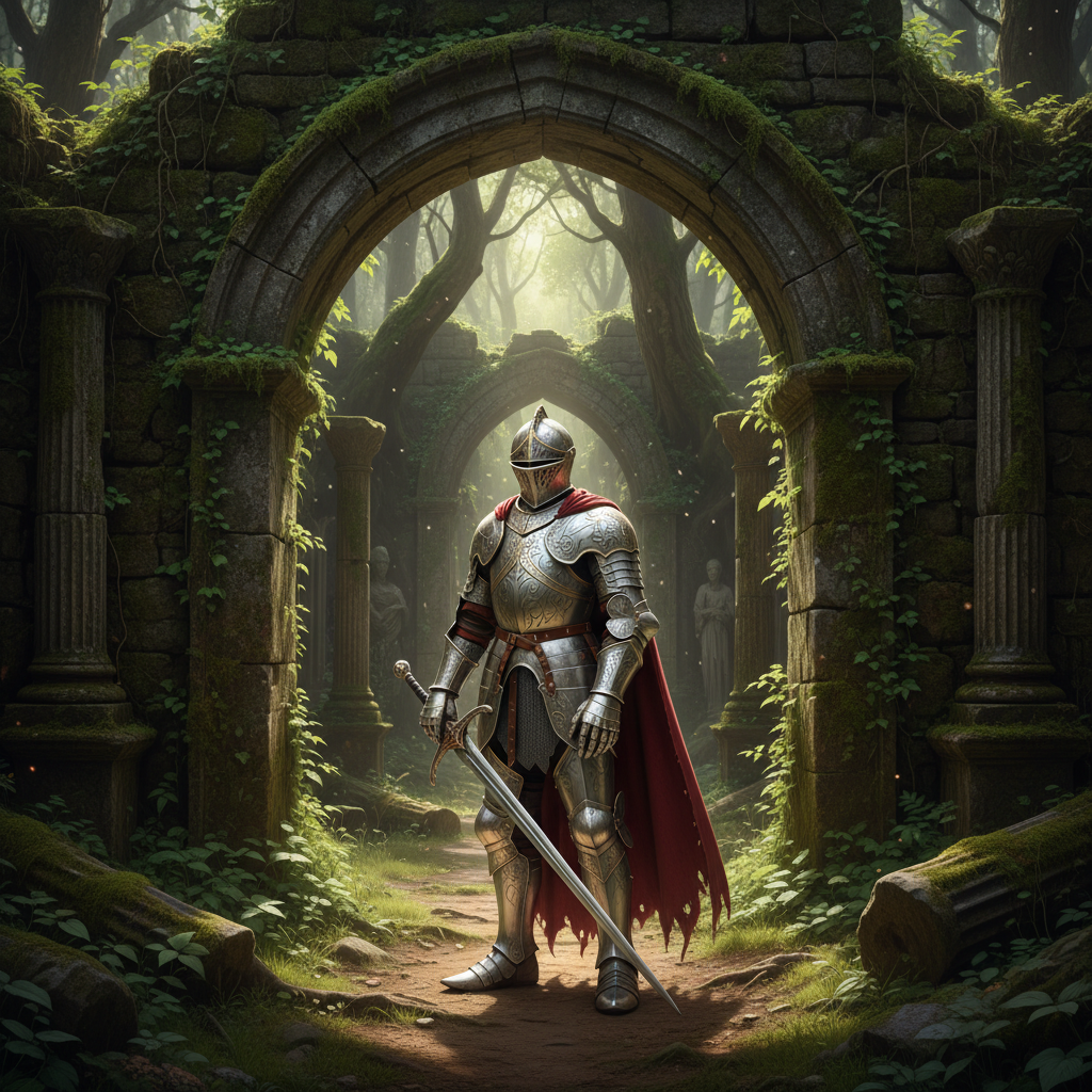 Image of a knight in detailed silver armor at the entrance of mossy stone ruins